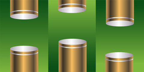 Realistic 3D green and gold podium background with layered curve background wall view. Minimum product mockup.