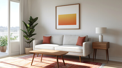 cozy living room featuring mid century sofa, vibrant cushions, and stylish coffee table. warm color palette creates welcoming atmosphere