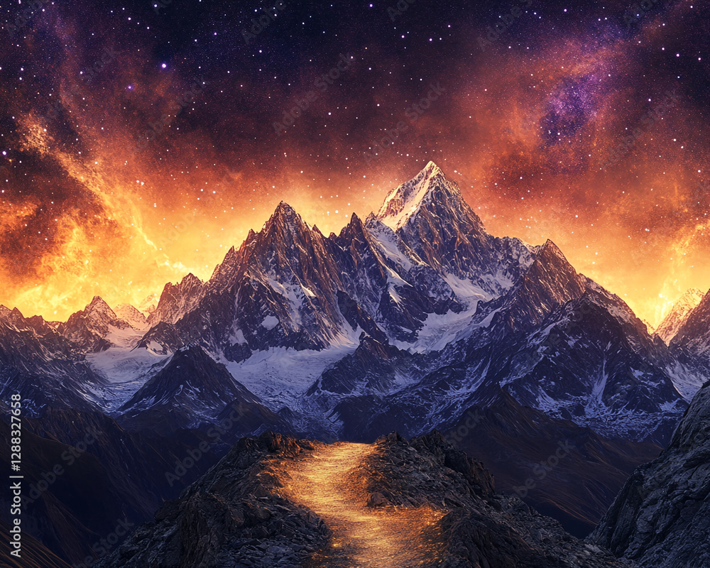 Poster majestic mountain range illuminated by fiery colors under a starry sky, symbolizing the power of nat