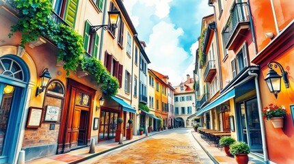 Fototapeta premium Lively and energetic watercolor painting from a low angle, depicting a charming European village 