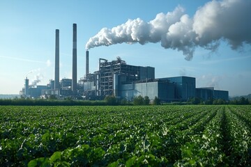 Obraz premium Factory puffs smoke over field on bright sunny day; environment, pollution concept