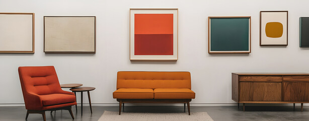 Mid century modern interior with vintage furniture and colorful artwork