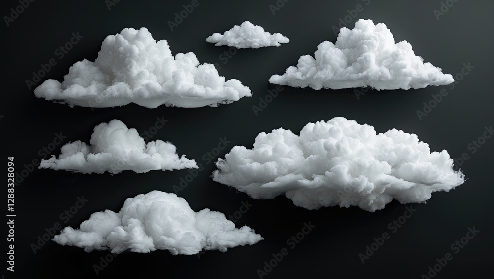 Poster a collection of fluffy, textured clouds displayed against a dark background, creating a serene atmos