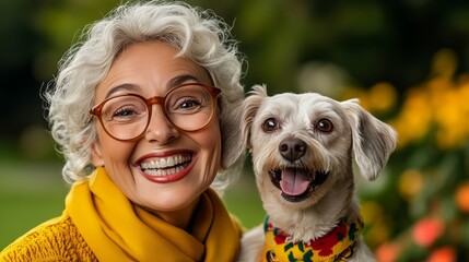 Woman with glasses and a dog wearing a yellow bandana. The woman is smiling and the dog is wagging its tail