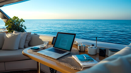 A digital nomad’s work desk on a yacht, with a laptop and tablet placed near a calm blue ocean