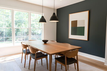 Modern dining room with wooden table, stylish chairs, and artwork