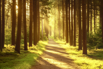 Fototapeta premium Path of Sunlight in the Forest: A serene path winds through a dense forest, bathed in the warm, golden light filtering through the towering trees, creating an inviting and ethereal atmosphere.