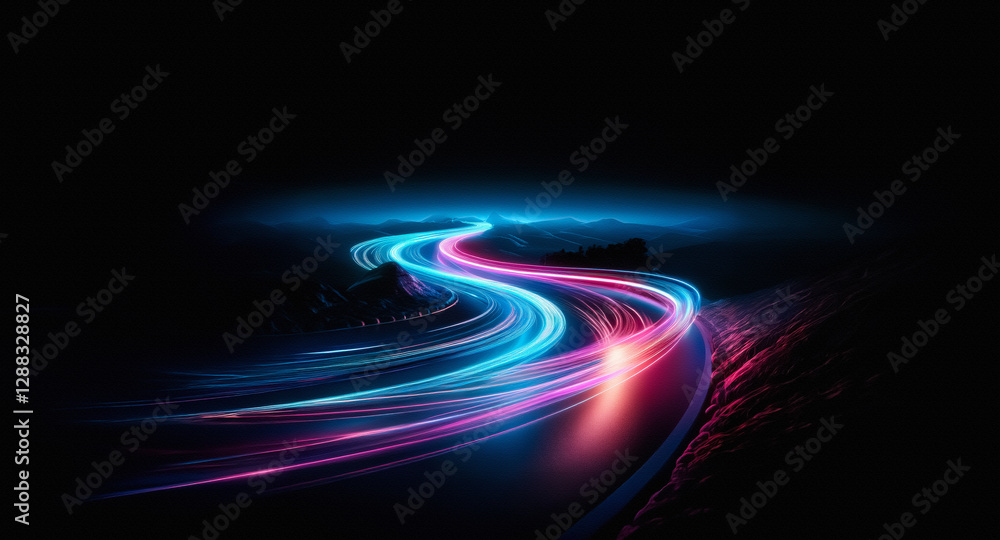 Poster A winding path of vibrant blue and red light streaks through a dark landscape, creating a sense of motion and energy in an abstract, futuristic style.