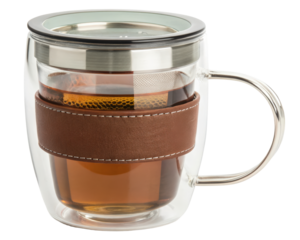 Glass tea infuser mug on a transparent background