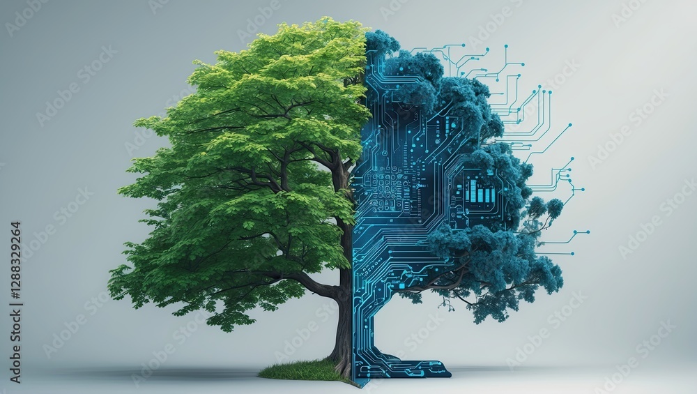 Poster a split image showcasing a vibrant green tree on one side and a blue, digital tree design on the oth