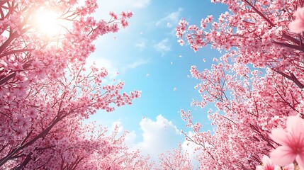 Pink cherry blossoms reaching up towards the bright blue sky, sunny spring day
