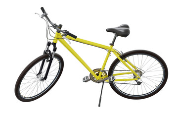 Obraz premium Yellow bicycle standing while leaning on kickstand, side view. Bike resting on kick stand isolated on white background, 3D illustration