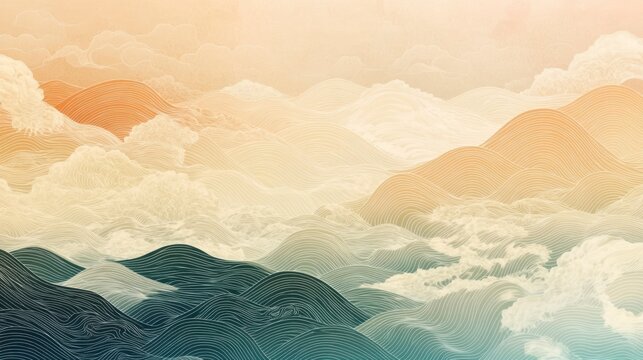 Serene Landscape: An artistic illustration of rolling mountains and misty clouds, bathed in a soft, warm gradient of colors. This image evokes a sense of tranquility, peace.