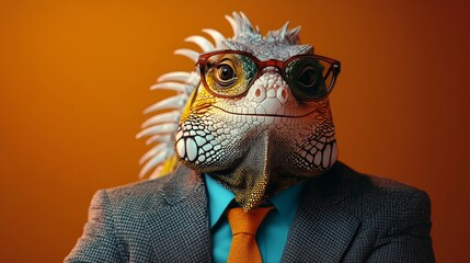 Lizard wearing glasses and a suit is smiling. The lizard is wearing a tie and glasses, giving it a professional appearance