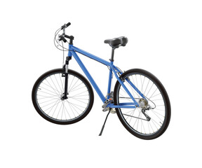 Fototapeta premium Blue bicycle standing while leaning on kickstand, side back view. Bike resting on kick stand isolated on white background, 3D illustration
