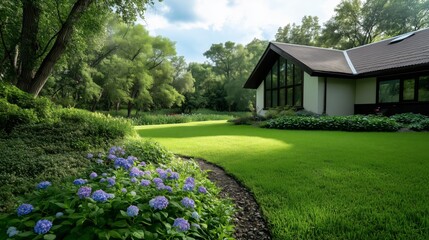 Naklejka premium A small country house with a green lawn, flowerbeds and garden pathway