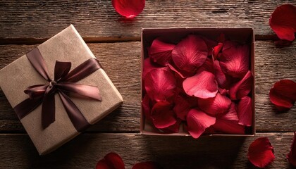 A gift box filled with red rose petals on a rustic wooden background