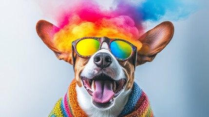 Dog with rainbow colored hair and sunglasses on its face. The dog is smiling and he is happy