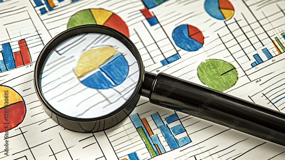 Poster analyzing business data trends through charts and graphs office environment infographic style close-