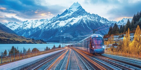 Passenger train travels through scenic mountain landscape at dusk