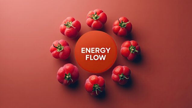 Fresh, vibrant red tomatoes arranged in a circle around a bold orange circle with the words 'Energy Flow' on a muted red background, creating an