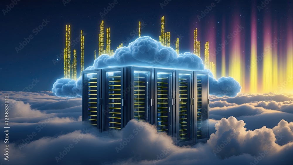 Poster futuristic data center surrounded by clouds and light beams representing digital transformation and 