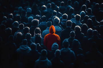 Obraz premium Standing Out: A solitary figure in a vibrant orange hoodie is surrounded by a crowd of people, creating a striking visual metaphor for individuality and standing out.