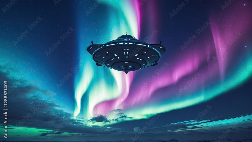 Poster a futuristic spacecraft hovering under a stunning display of aurora borealis illuminating a nighttim