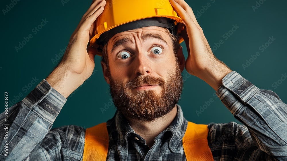Poster man with a beard and a yellow hard hat is looking at the camera with a surprised expression