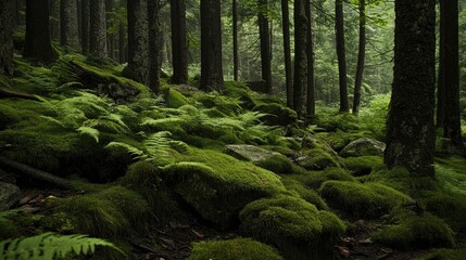 Obraz premium A dreamy forest floor covered in soft moss and ferns, growing abundantly on rough stones and fallen tree trunks.