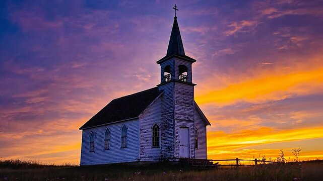 Small rural church at colorful sunset