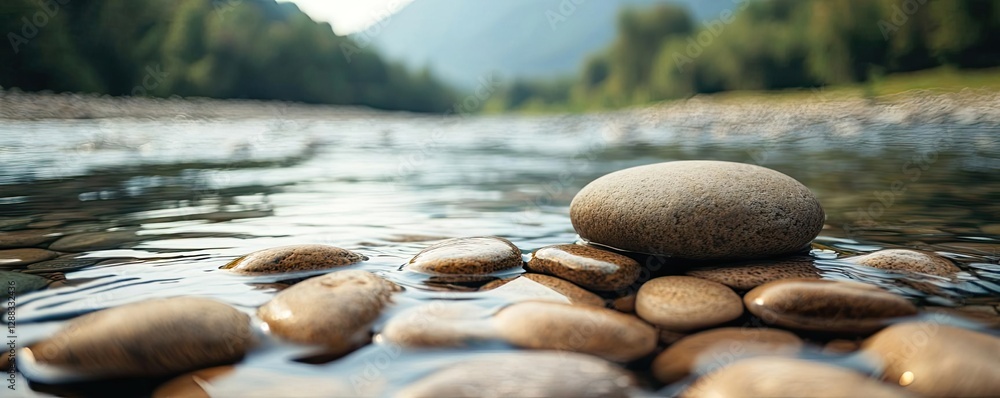 Poster weathering process concept. a tranquil riverstone scene showcasing smooth rocks submerged in clear w
