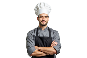 Handsome young chef with a smile, arms crossed, in professional uniform, isolated on transparent background. Ideal for restaurant, culinary, and food industry designs.
