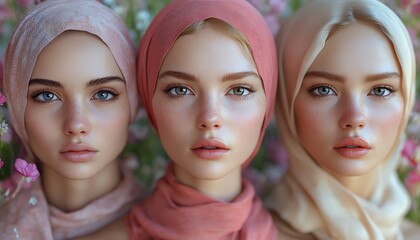 Fototapeta premium Three Women in Stylish Headscarves Against a Colorful Floral Background