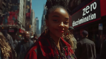 Obraz premium 1st March, Zero Discrimination day concept. African American woman Celebration with cover banner and happy people on city street