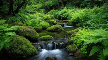 A hidden nature spot in Japan, where a cool brook winds through a thick carpet of vibrant ferns and moss.