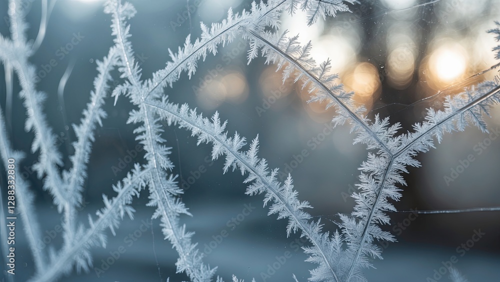 Poster close-up of intricate frost patterns on a window with soft background bokeh during sunrise, creating