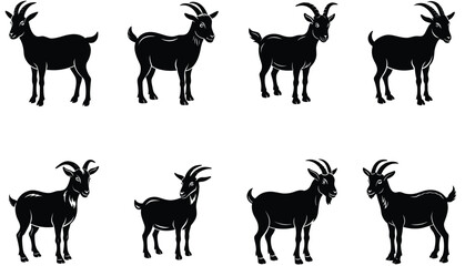 Goat Silhouette. Goat vector shilhouette bundle. Goat Set Icon. Vector Goat Silhouette Isolated On White.
