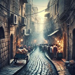 Narrow cobbled street echoing with the cries of street vendors A