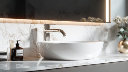Fototapeta premium Modern minimalist bathroom with sleek white sink and stylish faucet. elegant marble countertop complements contemporary design, creating serene atmosphere