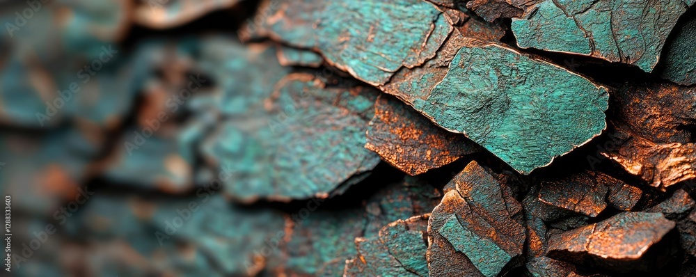 Aufkleber Weathering process concept. Close-up of textured tree bark showcasing intricate patterns and vibrant colors.