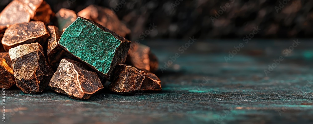 Poster weathering process concept. close-up of copper ore pieces with rich textures on a dark background.