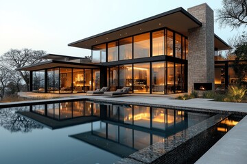 Fototapeta premium Modern house exterior reflection in pool. Warm lighting and natural backdrop