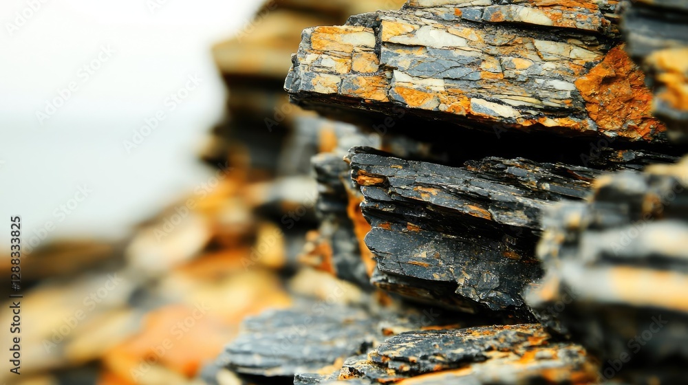 Aufkleber weathering process concept. close-up view of layered rocks showcasing unique textures and colors in 