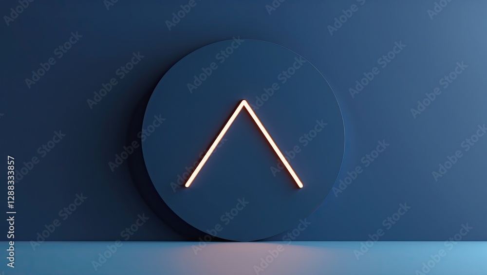Poster a minimalist design featuring a circular dark backdrop with an upward-pointing neon shape, creating 