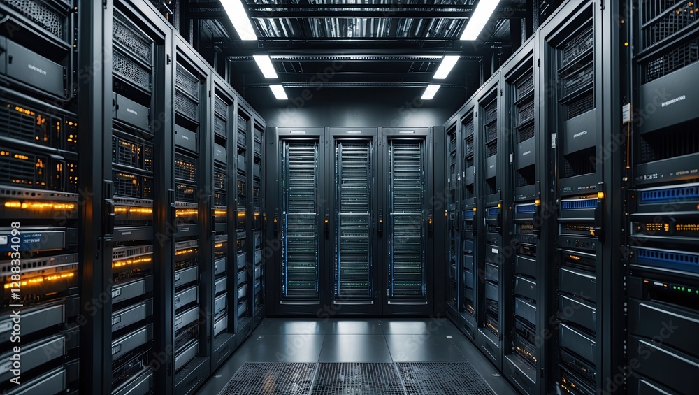 Poster modern data center with rows of server racks illuminated by orange and blue led lights