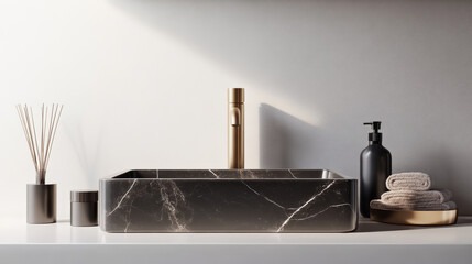 modern bathroom sink with refined rectangular design, featuring Nero Marquina marble finish. elegant faucet and accessories create luxurious atmosphere