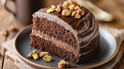 A luxurious slice of chocolate cake with thick chocolate frosting, walnuts, and pistachios, served on a ceramic plate with a coffee cup nearby.