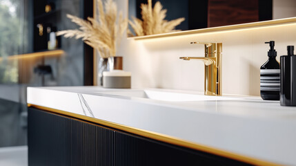Sophisticated bathroom vanity with elegant gold faucet and modern decor. sleek design features white countertop, stylish accessories, and warm lighting, creating luxurious atmosphere