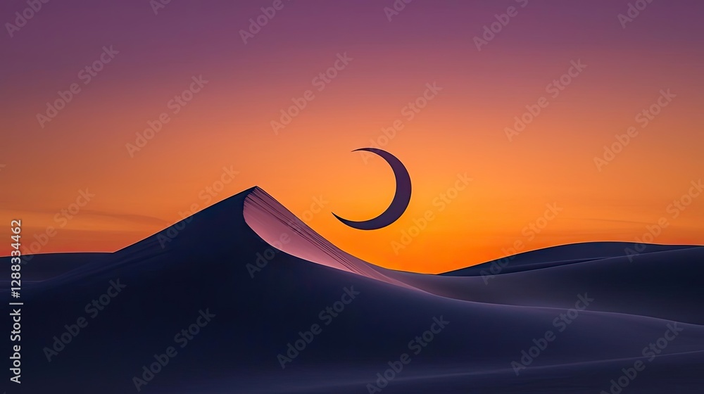 Poster Weathering process idea. A serene view of a desert dune illuminated by a crescent moon at sunset.
